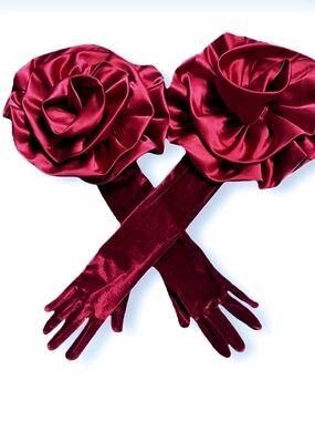 Elegant Rose Accent Velvet & Satin Opera Gloves - Deep Magenta